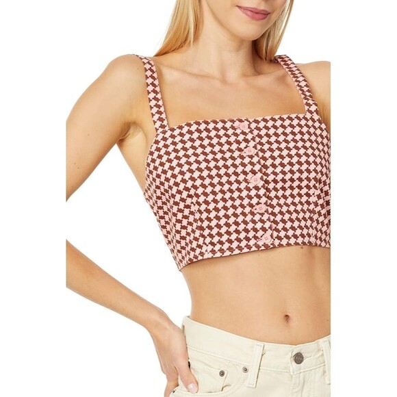 Levi's Geometric Checkered Crop MED Pink Brown Knit Retro Y2K Button Front Tank - Picture 3 of 16